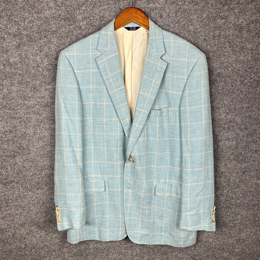 Ben Silver Charleston Mens 43R Silk Linen Wool Blue Plaid Sport Coat Canada - Picture 2 of 14